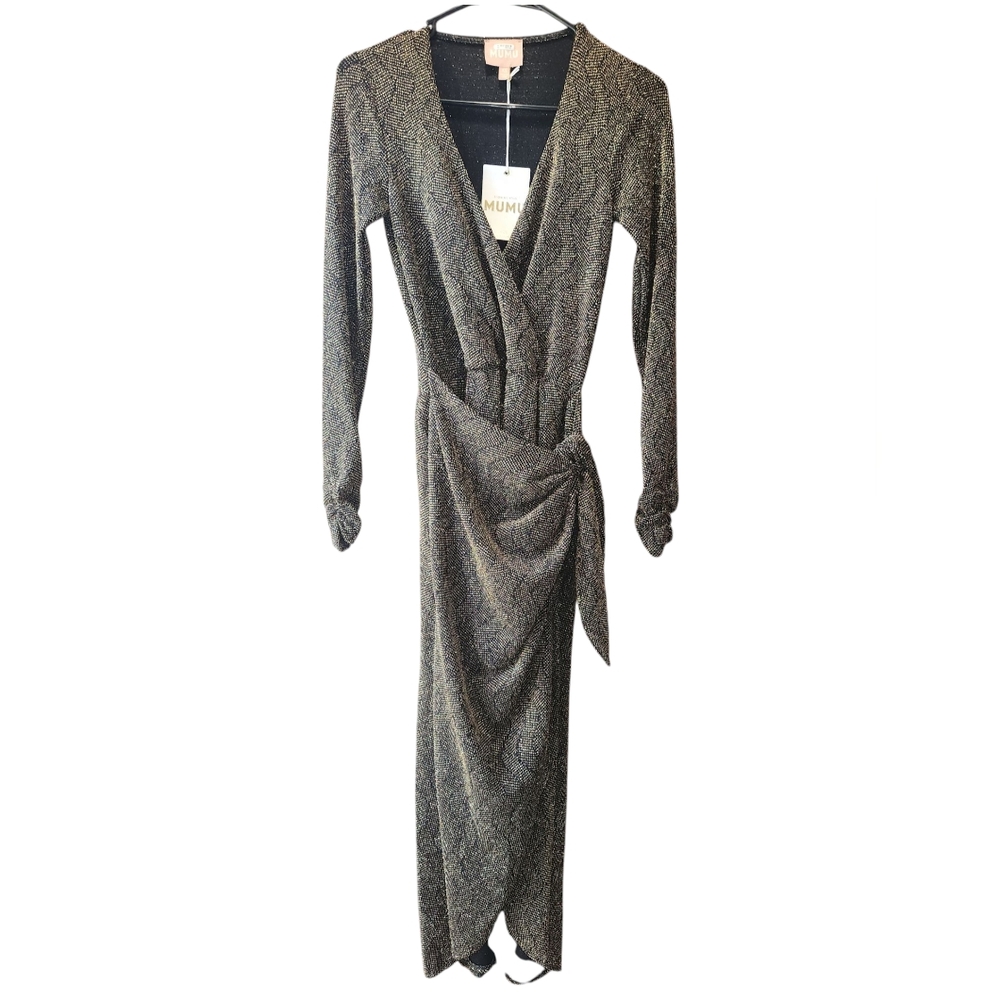 NWT Elegant Black and Gold Wrap Dress